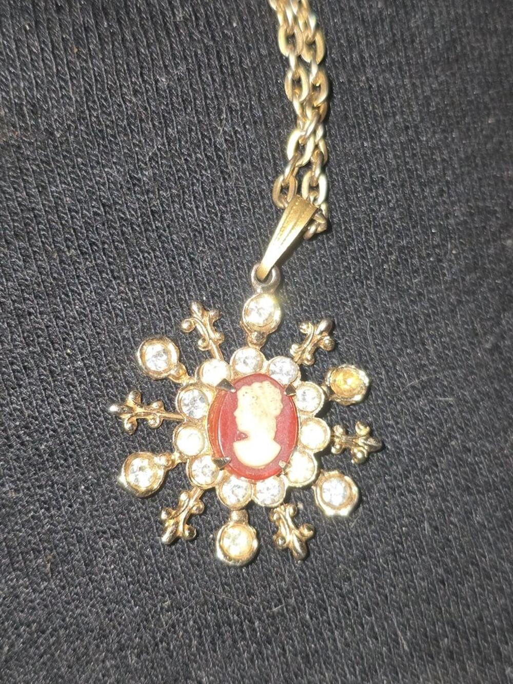 Vintage Cameo Pendant Necklace with Rhinestones # One Missing